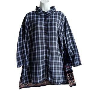 ANDREE By UNIT Plaid Velvet Button-Up Tunic Shirt Embroidered Roll-tab Plus 1X
